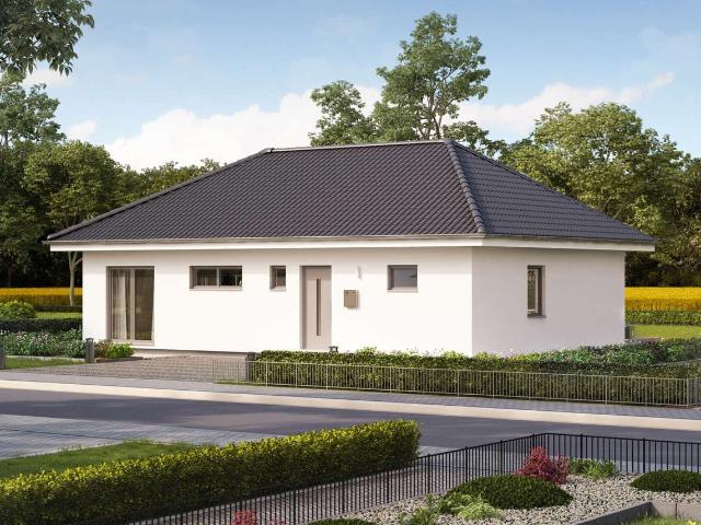 Moderner Bungalow mit Walmdach außen klar, innen sinnlich