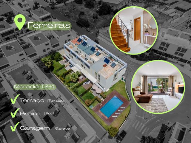 Moradia T2+1 geminada | Piscina Garagem | Localização: Ferreiras, Centro