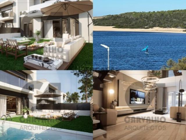 Moradias V3, com jardim, piscina aquecida, pavimento aquecido e ar condicionado, na Lagoa de Albufeira, Sesimbra, a dois paços da lagoa e da praia e 30 minutos de Lisboa