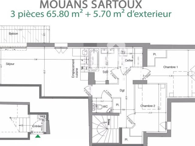 Mouans sartoux DERNIER ETAGE T3 65.80 m² habitable + 5.70 m² d'exterieur