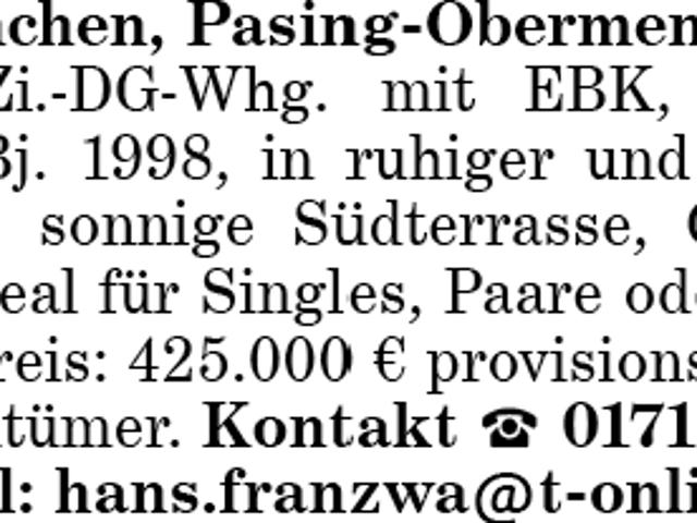 München, Pasing Obermenzing Gepfl. 2 Zi. DG Whg. mit EBK