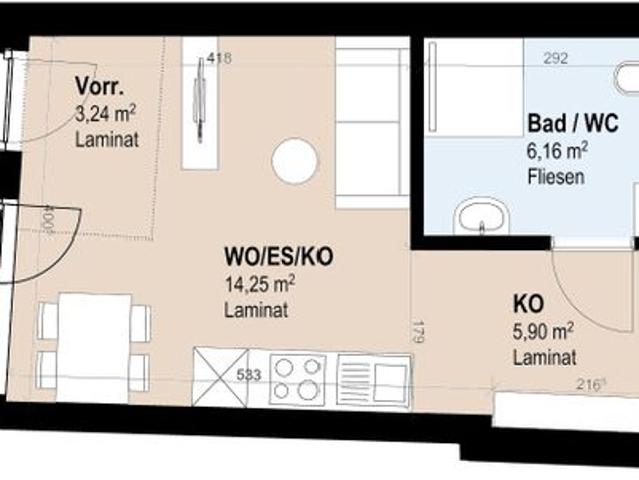 Neubauwohnung im 3. Stock mit 2 Zimmern