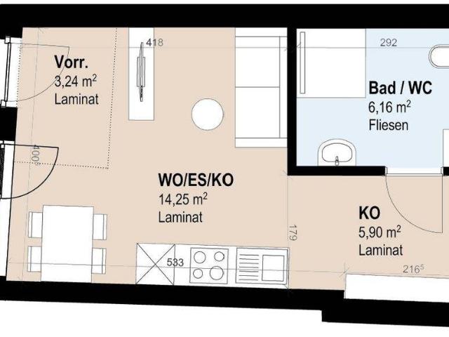 Neubauwohnung im 3. Stock mit 2 Zimmern
