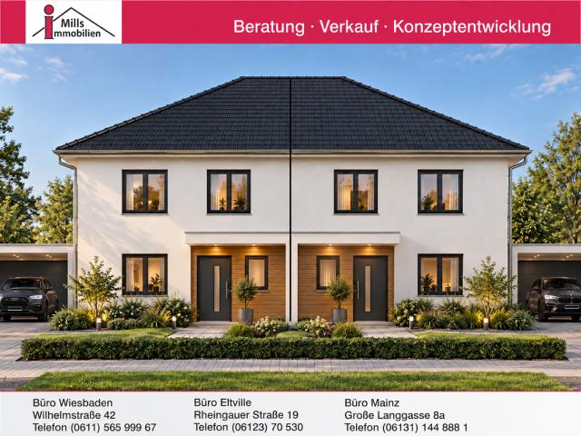 Neubau, Wiesbaden Nähe Biebricher Allee: 1 Massiv Doppelhaushälfte + Keller + schöner Garten