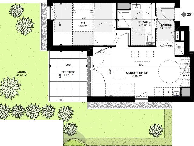 Neudorf Schluthfeld, appartement 2 pièces de 43m2 avec balcon