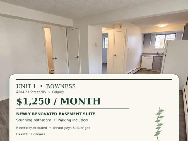 Newly Renovated Basement Suite in Beautiful Bowness — $1,250/month — 1 Bedroom Condo Unit