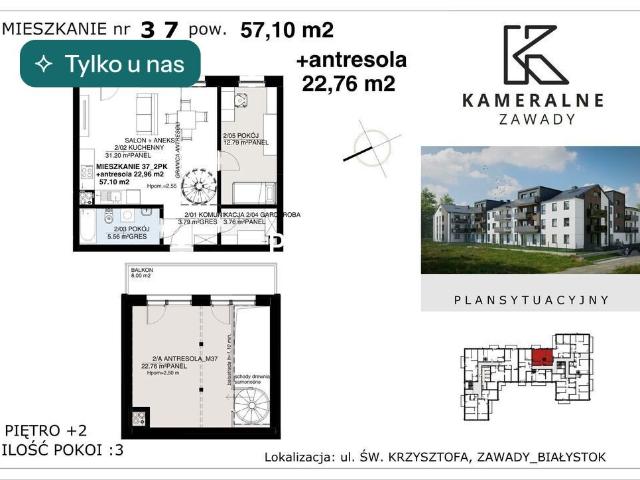 Nowoczesne 3 pokojowe mieszkanie z antresolą i balkonem