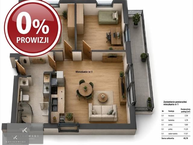 Nowoczesne 3 pokojowe mieszkanie z balkonem i klimatyzacją