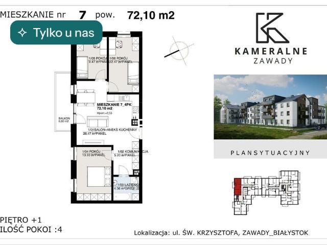 Polecam nowoczesne 4 pokojowe mieszkanie z balkonem w Zawadach