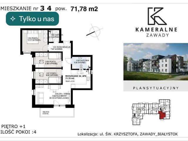 Nowoczesne 4 pokojowe mieszkanie z balkonem w Zawadach