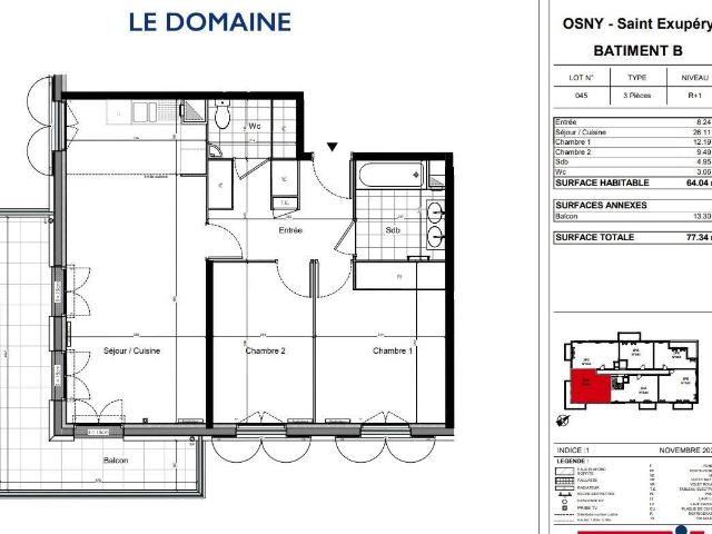OSNY appartement 3 pièces 64,04 m² avec balcon
