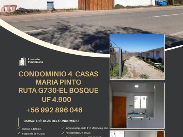 Oportunidad vendo 4 casas en arriendo, terreno de 2400 m2 ingresos $ 1,1 millon por mes | 2 dormitorios por 4900.00 en María Pinto