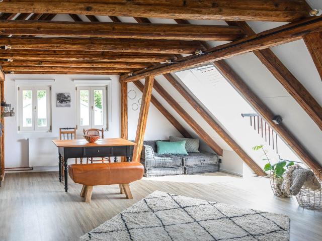 open living under historic roof trusses in Mömbris