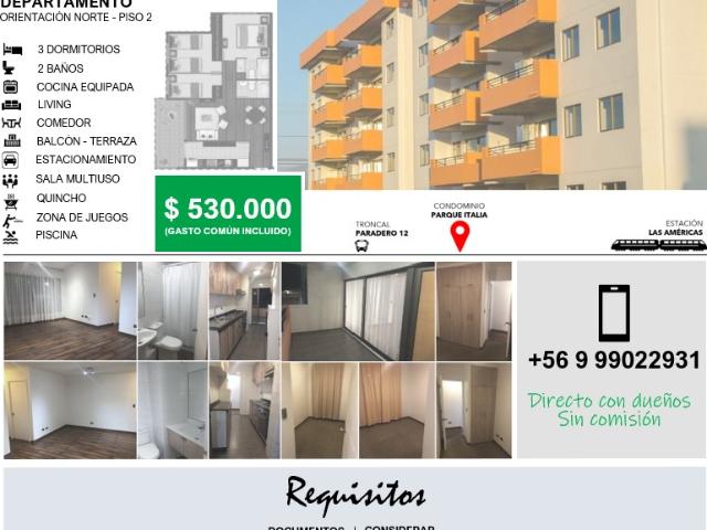 Paradero 12 Villa Alemana $ 530.000 Se arrienda departamento en Condominio Parque Italia. Ubicado a pasos de Av. Valparaíso paradero 12, segundo piso, orientación norte soleado.