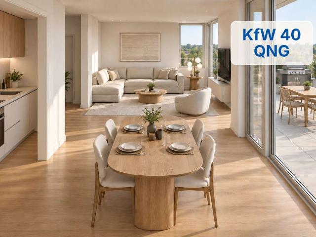 Penthouse mit 25 m² Dachterrasse: 3 Zimmer, Neubau KfW 40 QNG – Rohbau fertig
