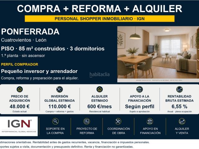 Piso en venta en Ponferrada, Cuatro Vientos. Compra + reforma + alquiler en Ponferrada. Pisos.