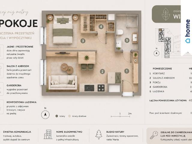 Polecam funkcjonalne 2 pokojowe mieszkanie 40,77 m² na Naramowicach