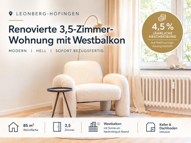 provisionsfrei: Renovierte 3 Zimmer Wohnung mit Westbalkon – 4,5 % AfA