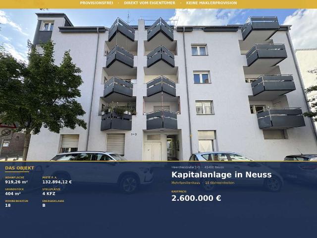 Provisionsfrei: Saniertes MFH in Neuss – 18 WE, vollvermietet, ca. 133.000 € Jahresmiete