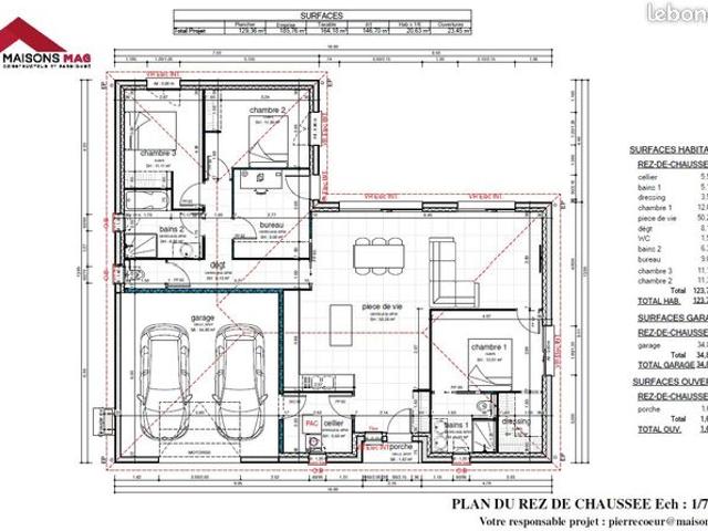 Projet clé en main: Maison plain pied 123 m² + Terrain plat 1900 m²