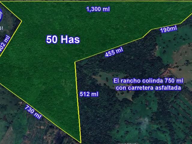 Rancho ganadero en venta, 50 hectáreas a orillas de carretera cerca de Villahermosa