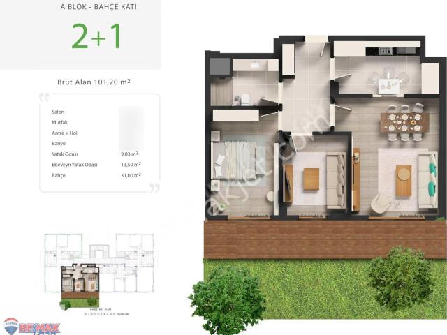Remax Yalova Asude Vadi Kiralık Sıfır Eşyalı 2+1bahçe Katı Daire