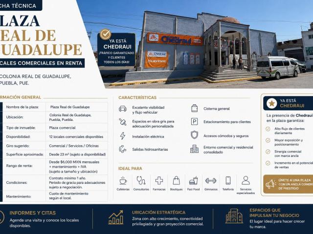 Renta de locales en Plaza Real de Guadalupe, Puebla