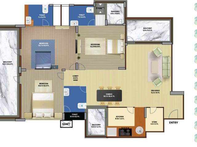 Resale | 3 BHK 1935 Sq.Ft. Apartment in KST Whispering Heights