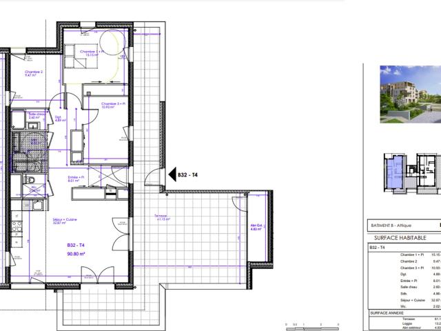 Sciez, appartement 4 pièces de 90,80 m2 au dernier étage, très grande terrasse