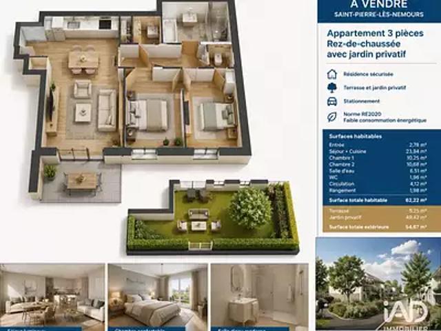 Saint Pierre lès Nemours 77140 Achat / Vente appartement 3 pièces t3 parking