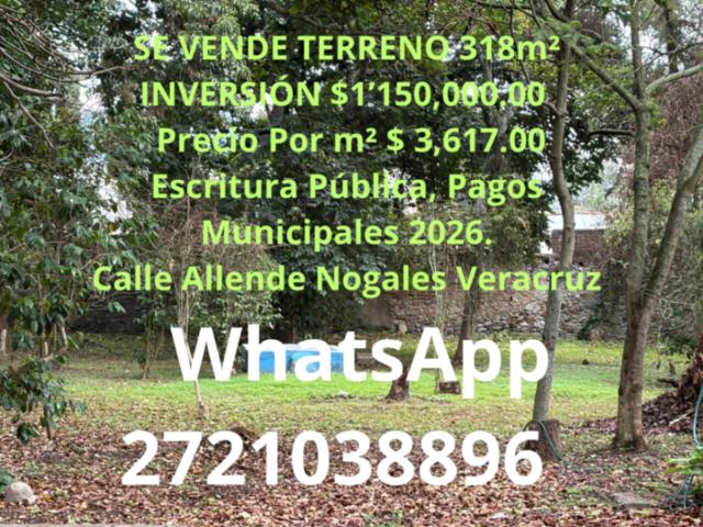 SE VENDE TERRENO 318m² Precio Por m² $ 3,617.00 Calle Allende Nogales Veracruz