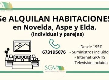 SE ALQUILAN HABITACIONES EN NOVELDA, ASPE Y ELDA