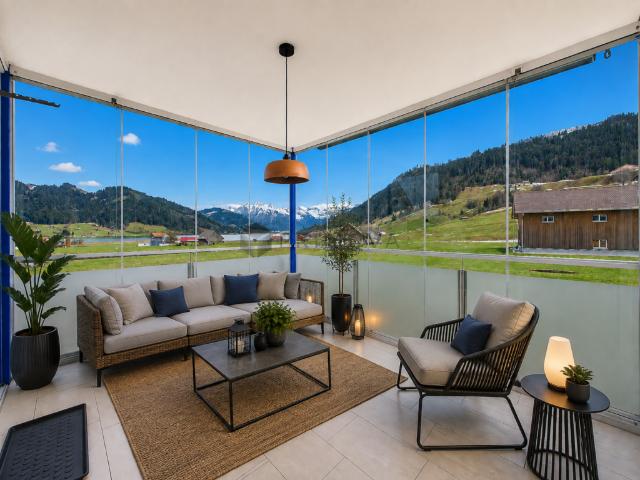 See und Bergsicht plus tiefe Steuern. Grosse 5.5 Zimmer Wohnung auf der nebelfreien Silhlebene wartet auf Sie!