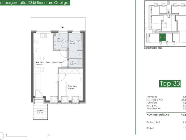 Sonnige, barrierefreie Wohnung mit Balkon, inklusive Stellplatz in der Garage, inkl. Küche Nähe Bhf. Brunn am Gebirge