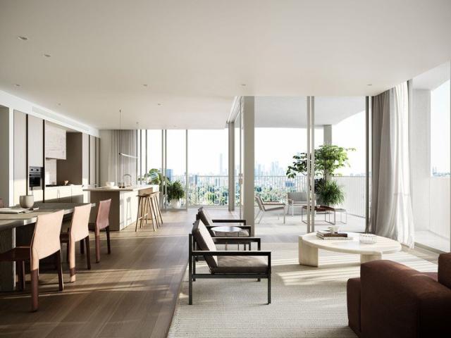 Sophisticated interiors framed by elevated city views