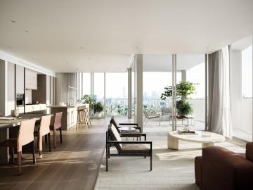 Sophisticated interiors framed by elevated city views