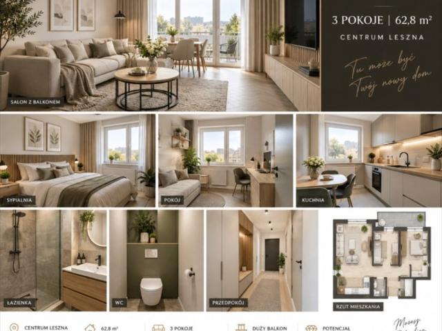 Sprzedam funkcjonalne 3 pokojowe mieszkanie 62,8 m² w Lesznie