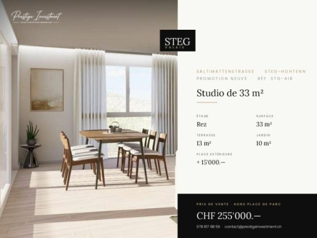 STEGref418 Zimmer 1,5 Studio · Grundfläche 33 m² · Balkon 13 m² · Garten 10 m² · Erdgeschoss · Lieferung April 2028 · Preis CHF 255.000