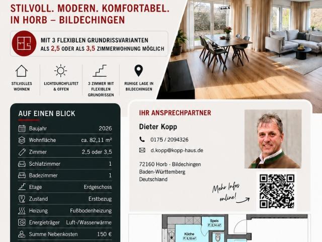 Stilvolle EG Neubauwohnung, mit 3 flexiblen Grundrissvarianten – mit 2,5 oder 3,5 Zimmer möglich