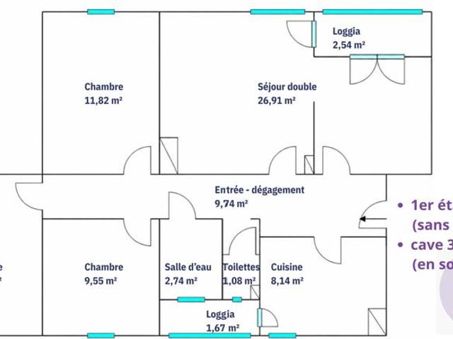Strasbourg Meinau, 4 pièces 82,57 m2 avec cave et loggias
